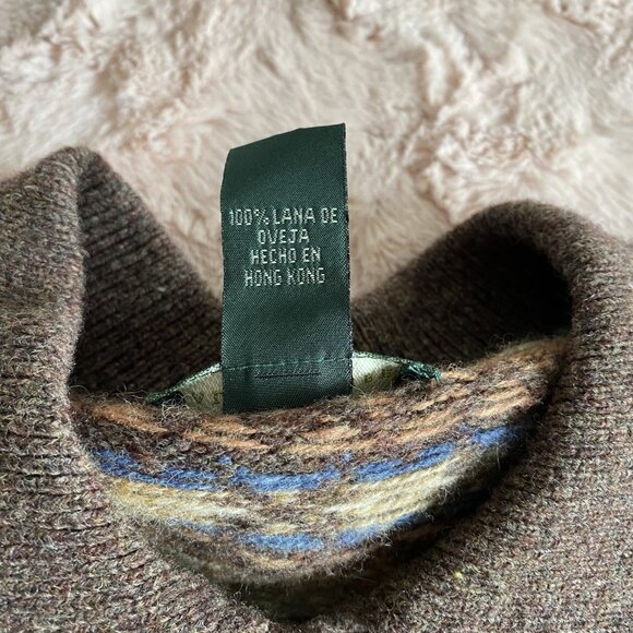 VTG Lauren Ralph Womens XL 100% Lambswool Fair Isle Cardigan Sweater Brown/Tan - Picture 8 of 9